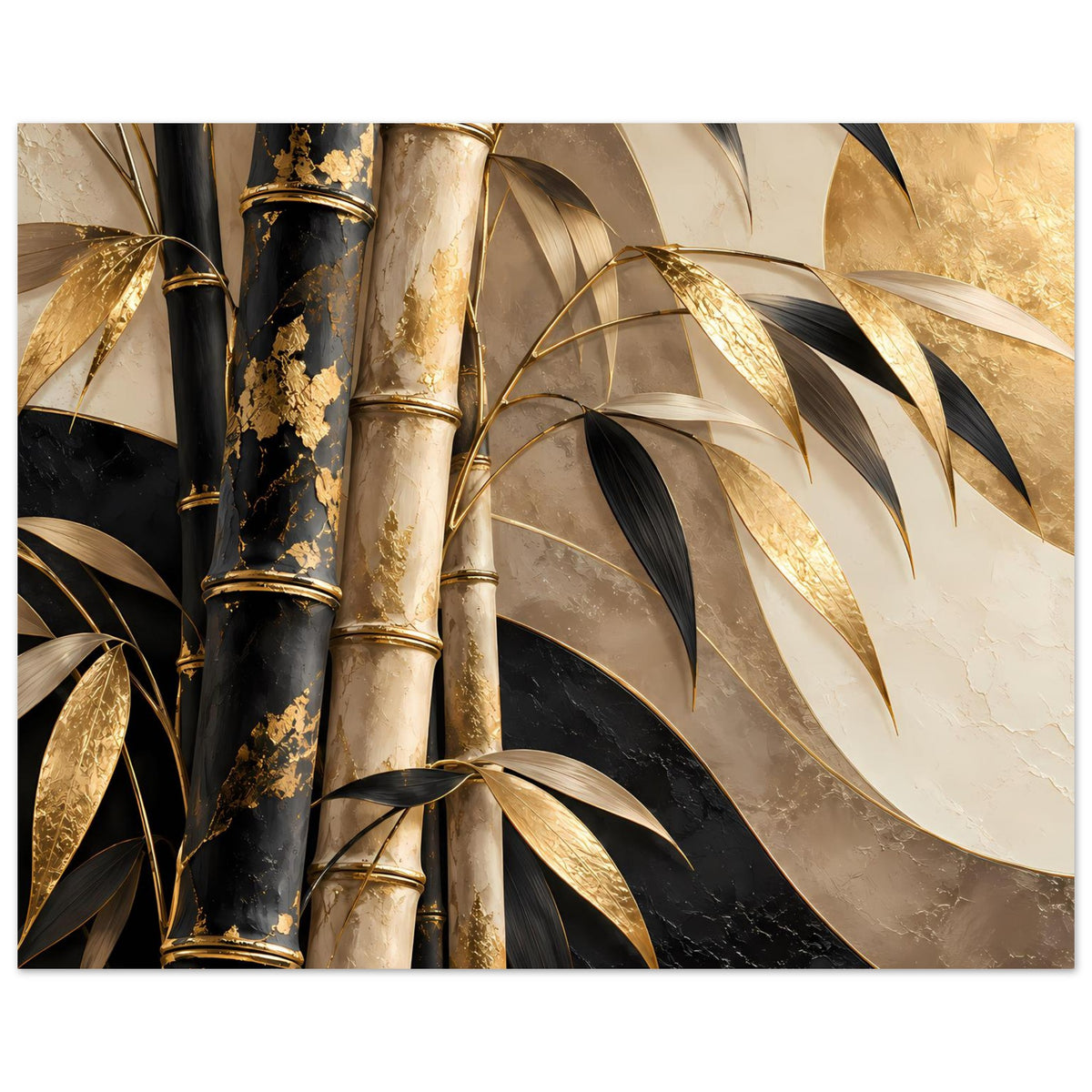 Poster mit Bambusmotiv: goldene und schwarze Bambushalme, beige Fläche, weit ausladende Blätter