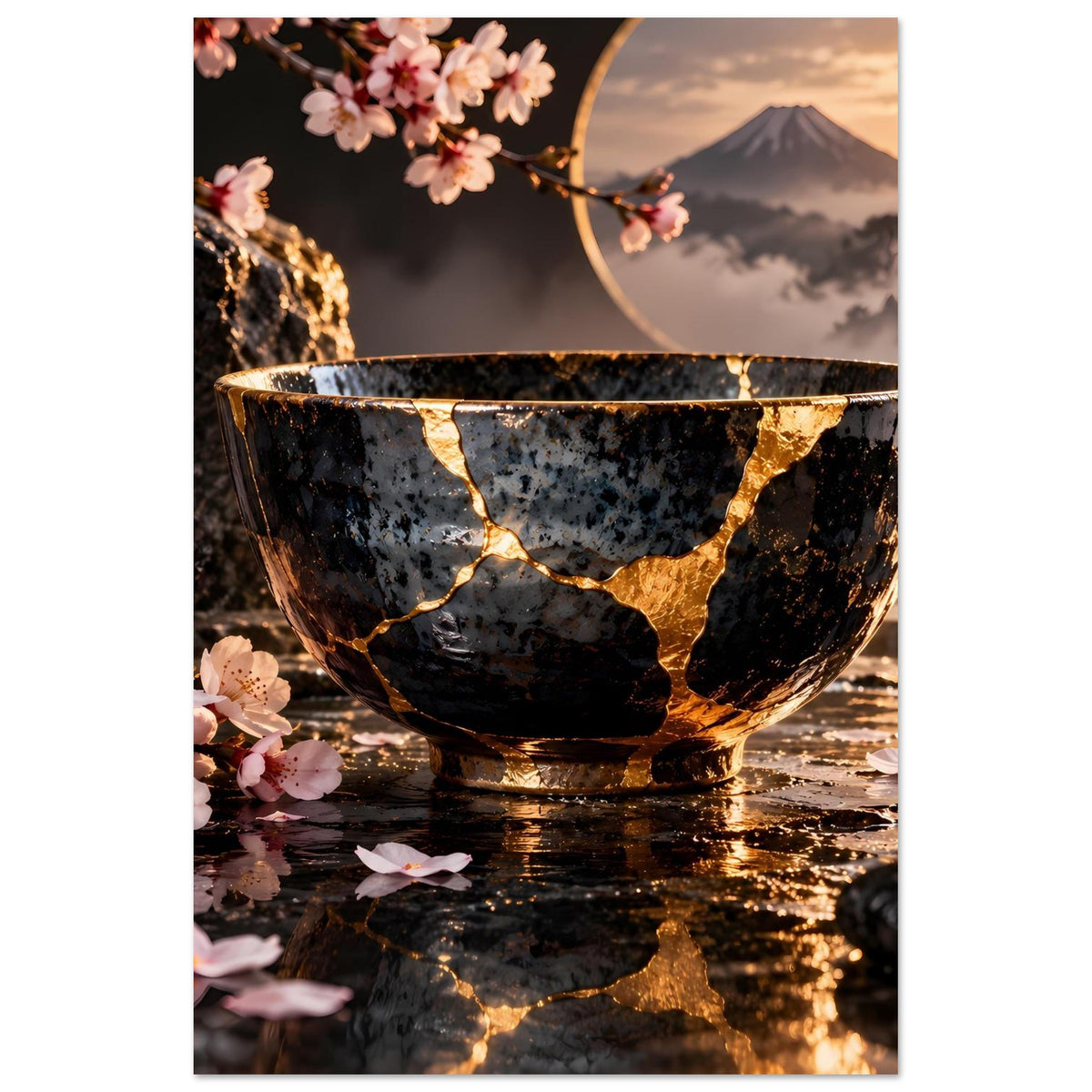 Kintsugi-Elegance-Poster, vertikaler Zuschnitt: schwarze Schale mit goldenen Risslinien