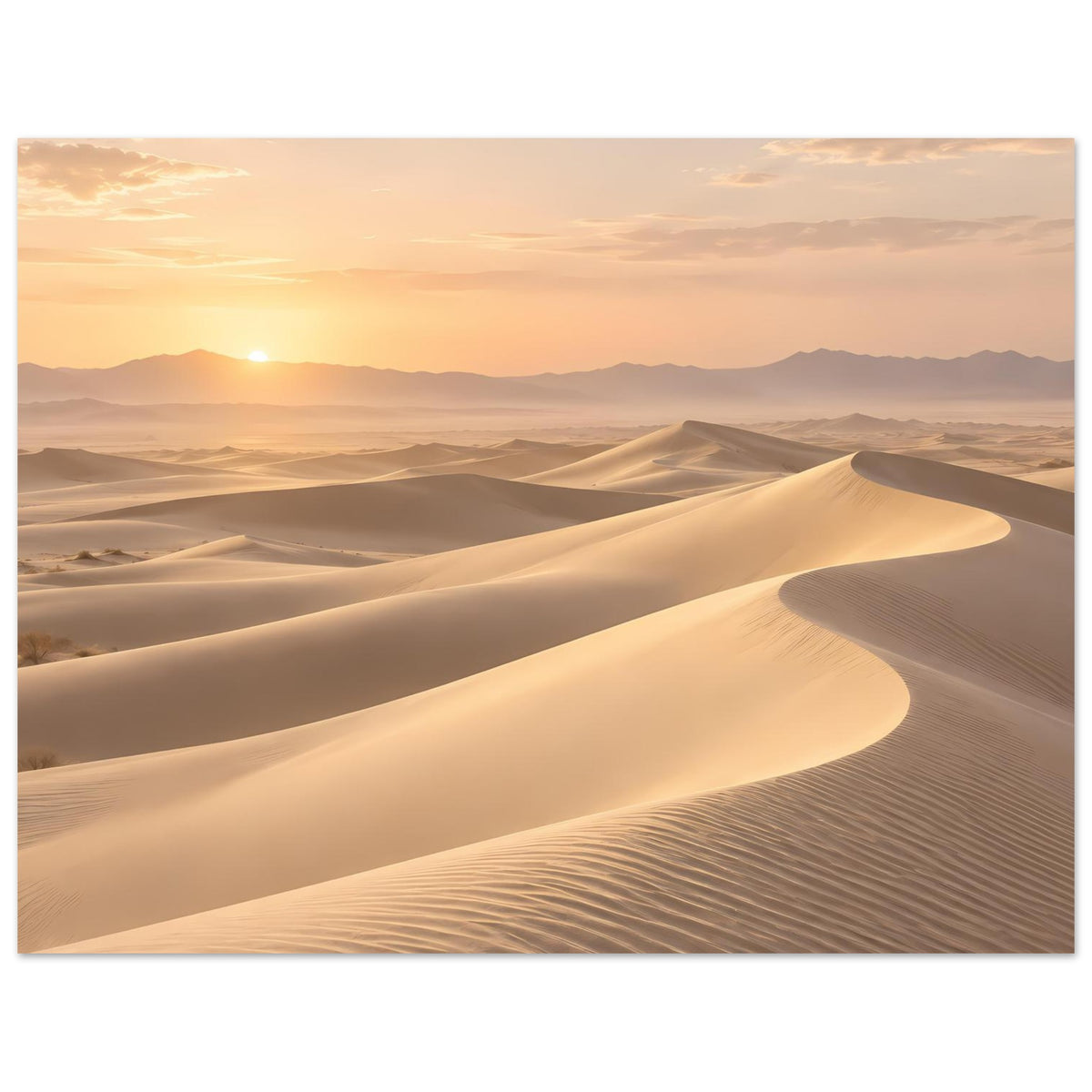 Wüstenposter (quer) mit großen Sanddünen und goldener Sonne am Horizont