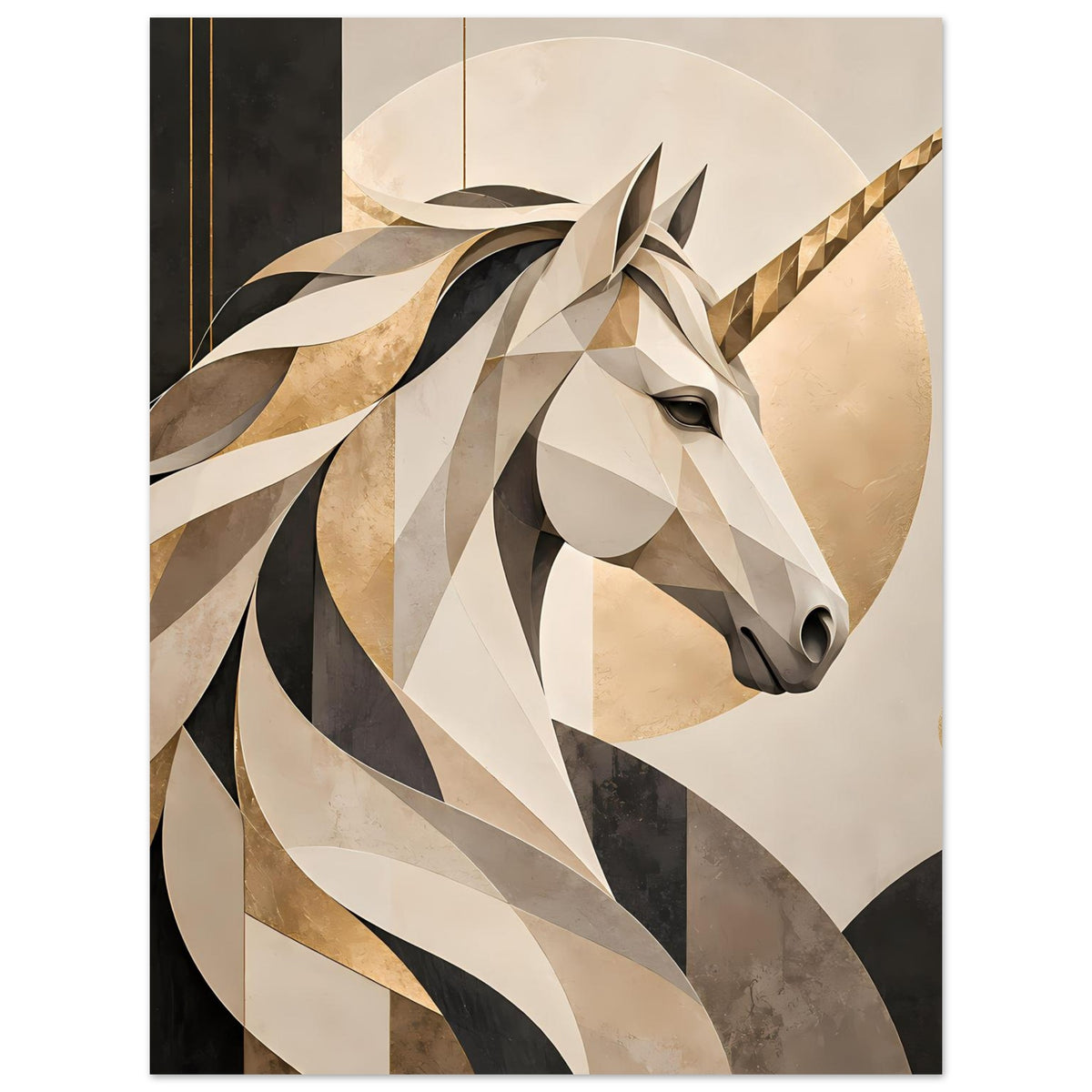Poster mit Einhornkopf, stilisierte Mähne und Horn, Beige, Schwarz und Goldtöne