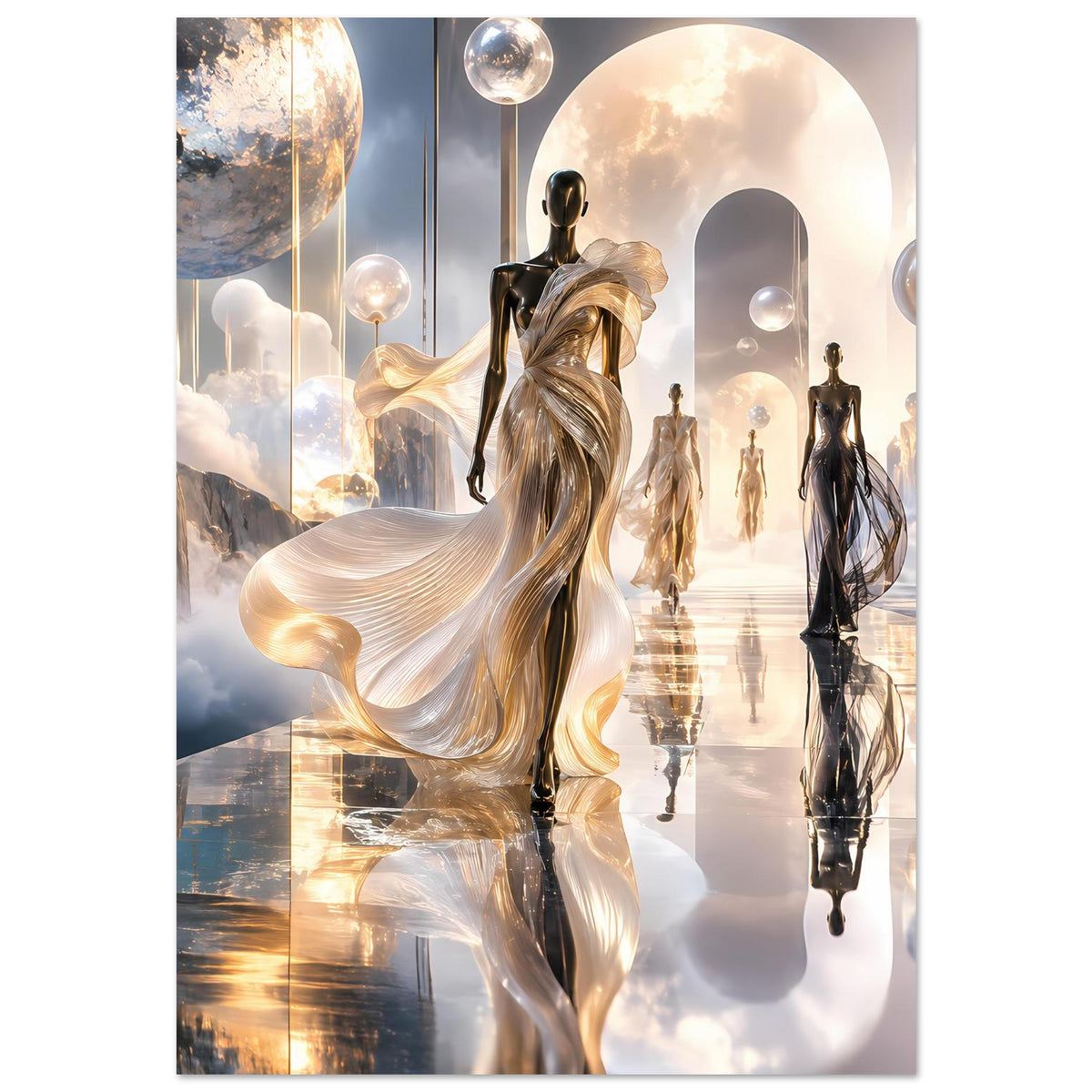 Vertikales Kunstposter mit goldener Laufsteg-Figur, langen Schleierfalten und Lichtkugeln