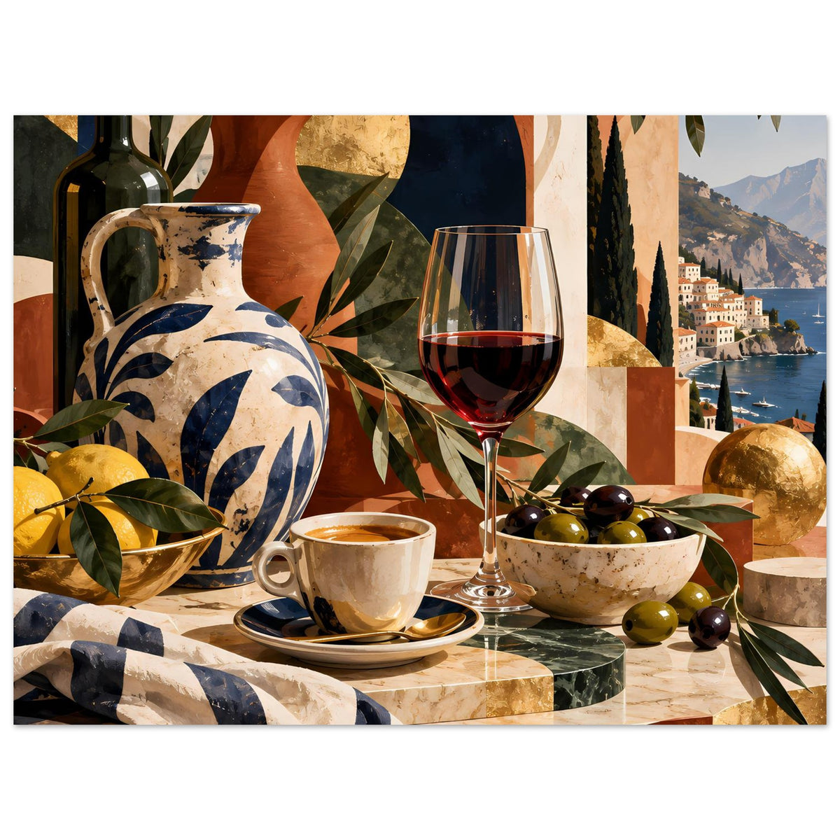 Poster im Querformat: Vase, Wein glas, Oliven in Schale, Tasse und Flasche