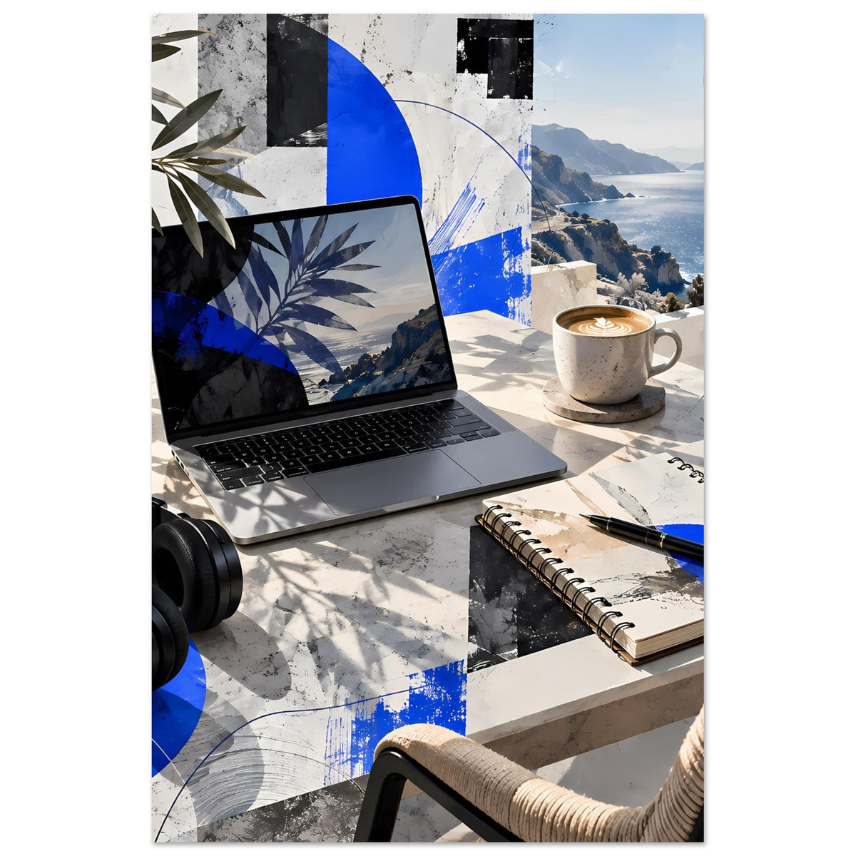 Poster mit abstrakter Küstenlandschaft: Laptop, Kaffeetasse, Notizblock, Kopfhörer und blauem Muster