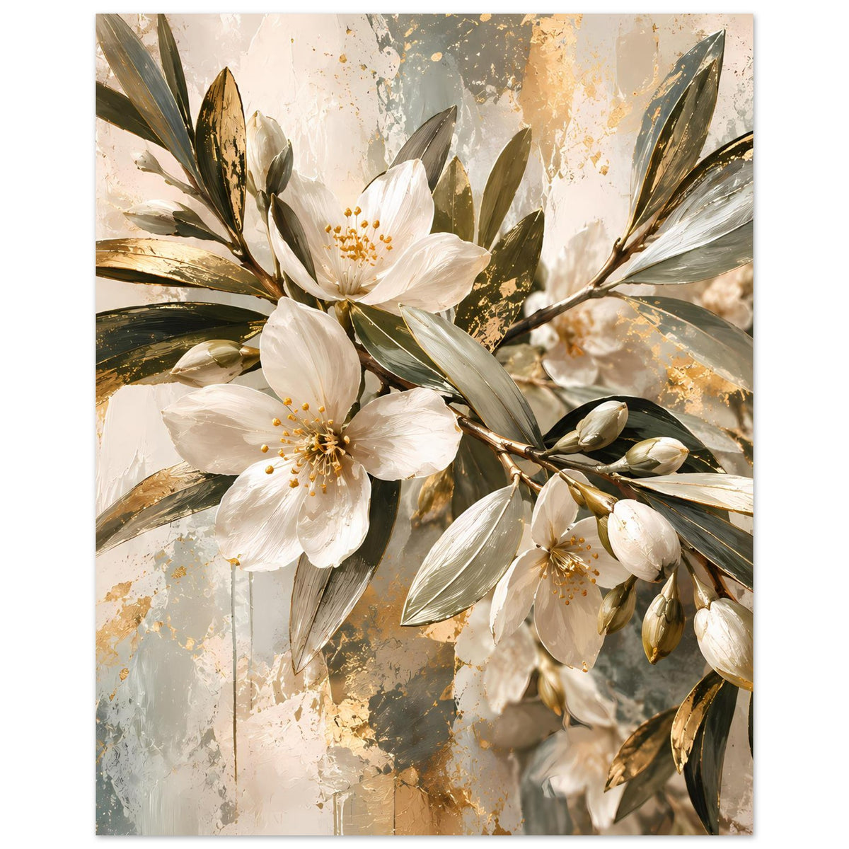 Blumenposter: weiße Blüten im Vordergrund mit goldenen Akzenten und grünen Blättern.