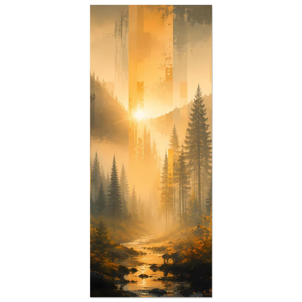 Vertikales Wandposter mit Fluss im Wald, Nebel und goldenem Licht zwischen Tannen, mit Rahmen