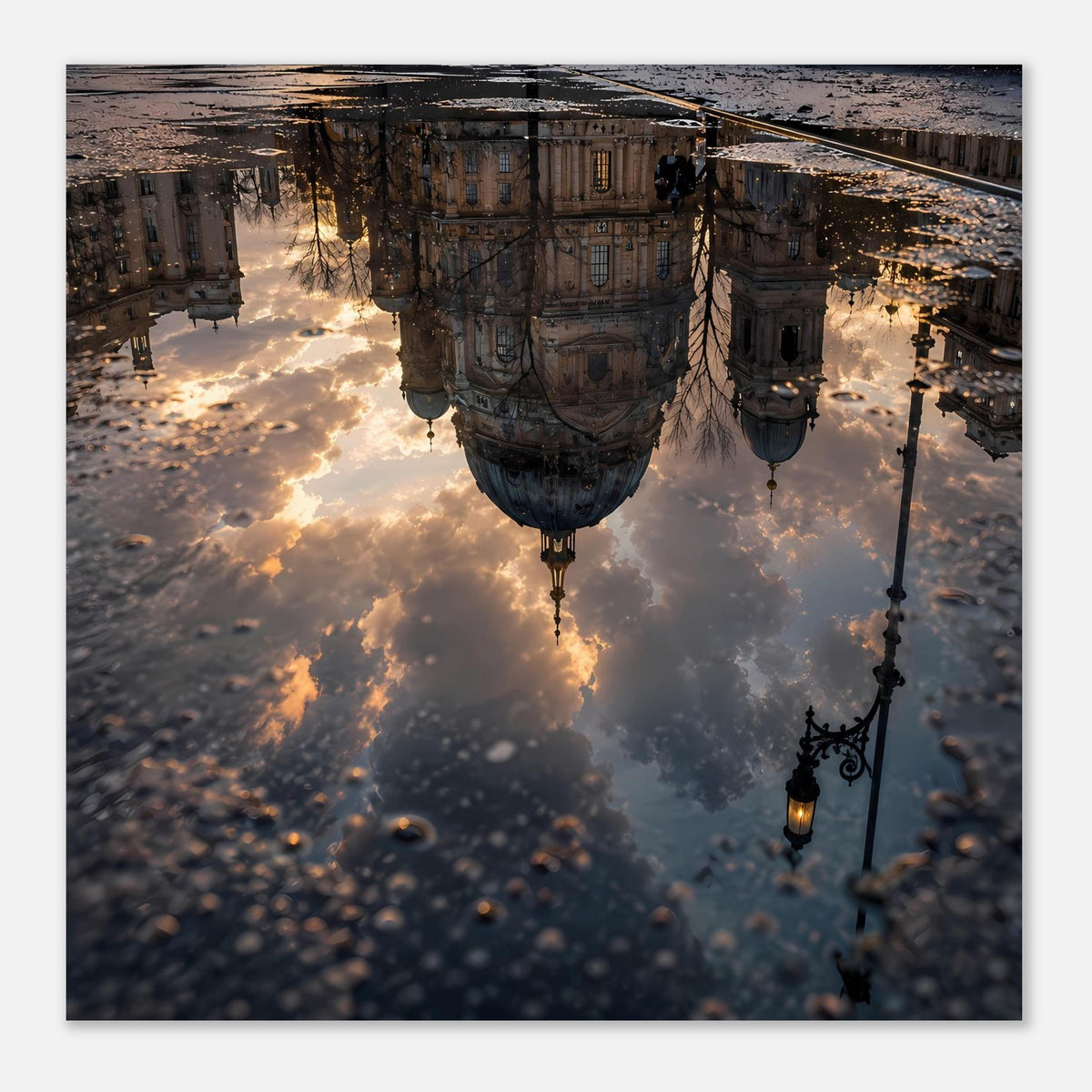 Dunkles Fotoposter mit Gebäudereflectionen, Laternen am Rand und Wolken, vertikal.