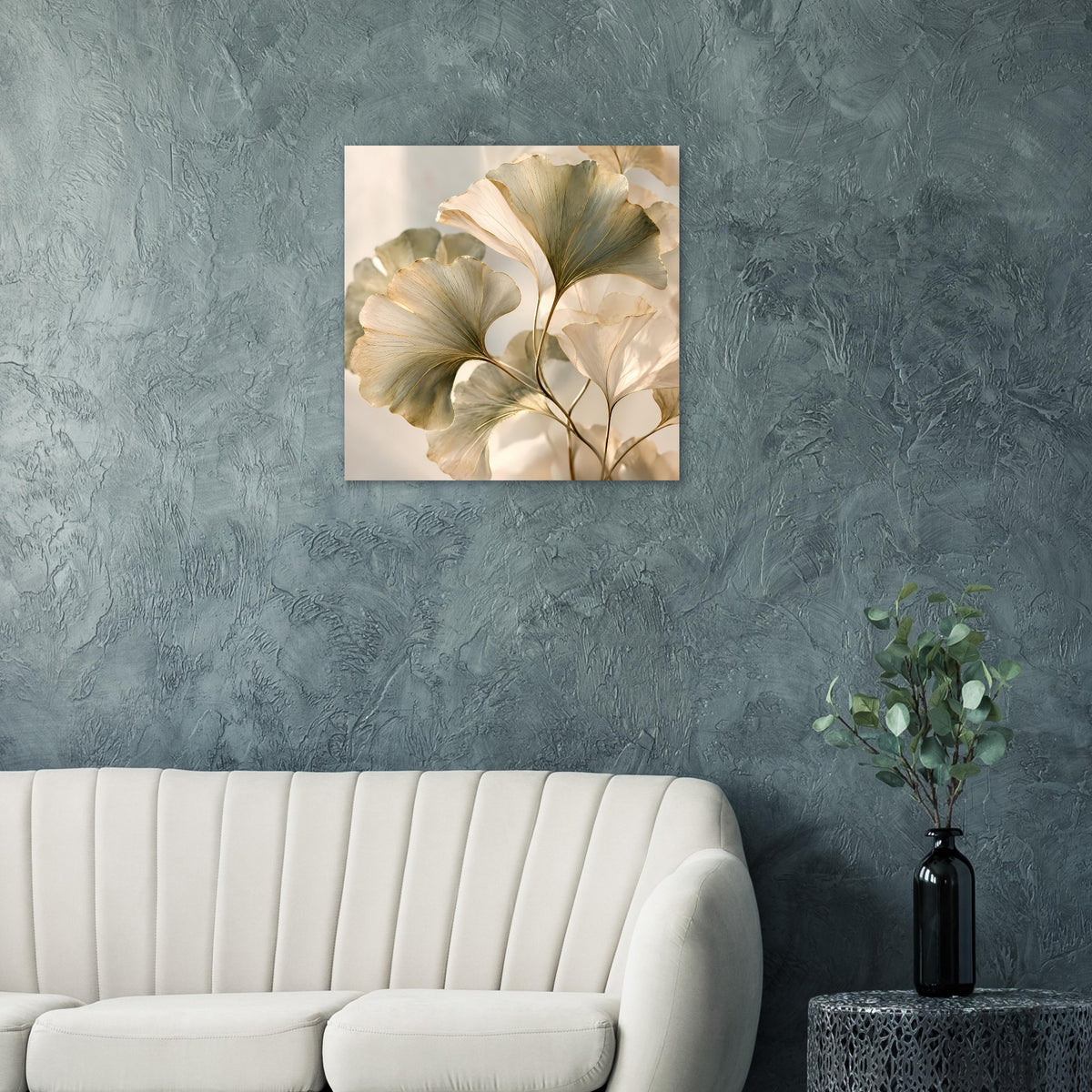 Quadratisches Poster mit Zweig und Blättern in Creme mit Goldakzenten