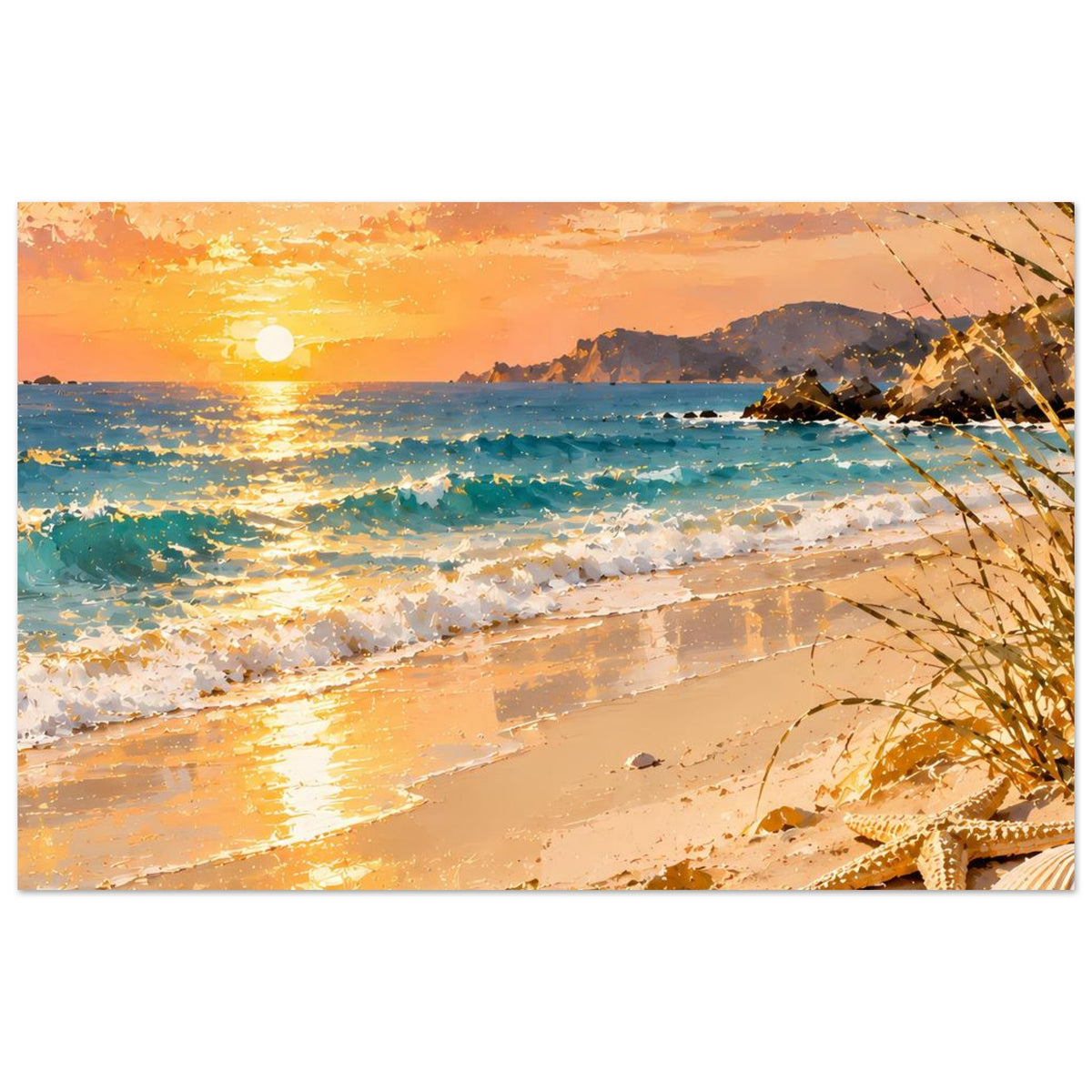 Horizontales Sonnenuntergangs-Poster mit goldenem Meer, Wellen und beigefarbenem Sand