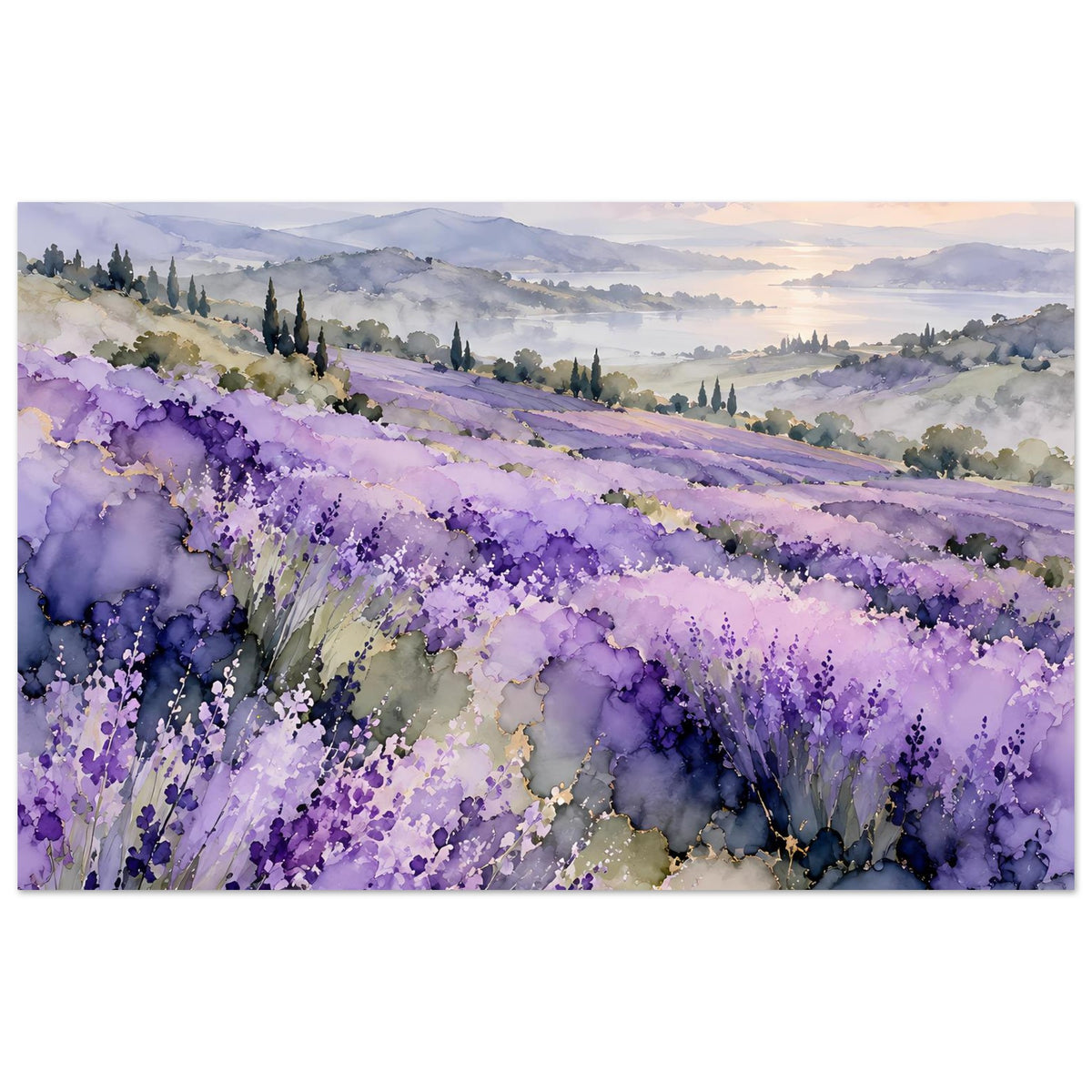 Aquarell-Landschaftsposter mit Lavendelfeld in Violett und sanften Hügeln, Panorama