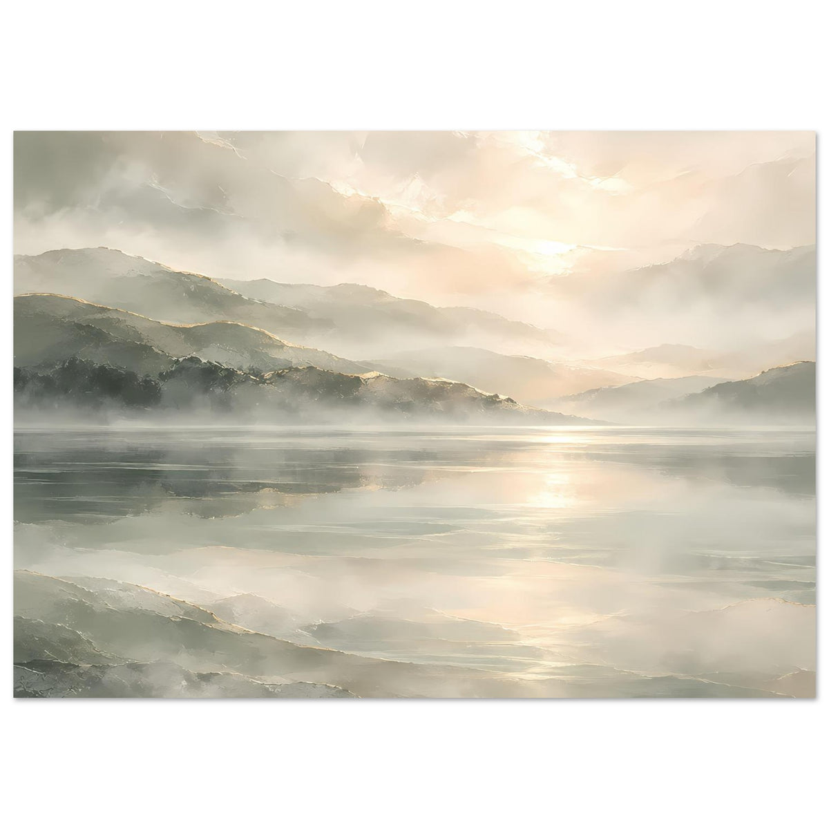 Horizontales Wandposter mit Seeufer und Bergpanorama: Nebel, weiche Wolken und goldener Schimmer, Rand