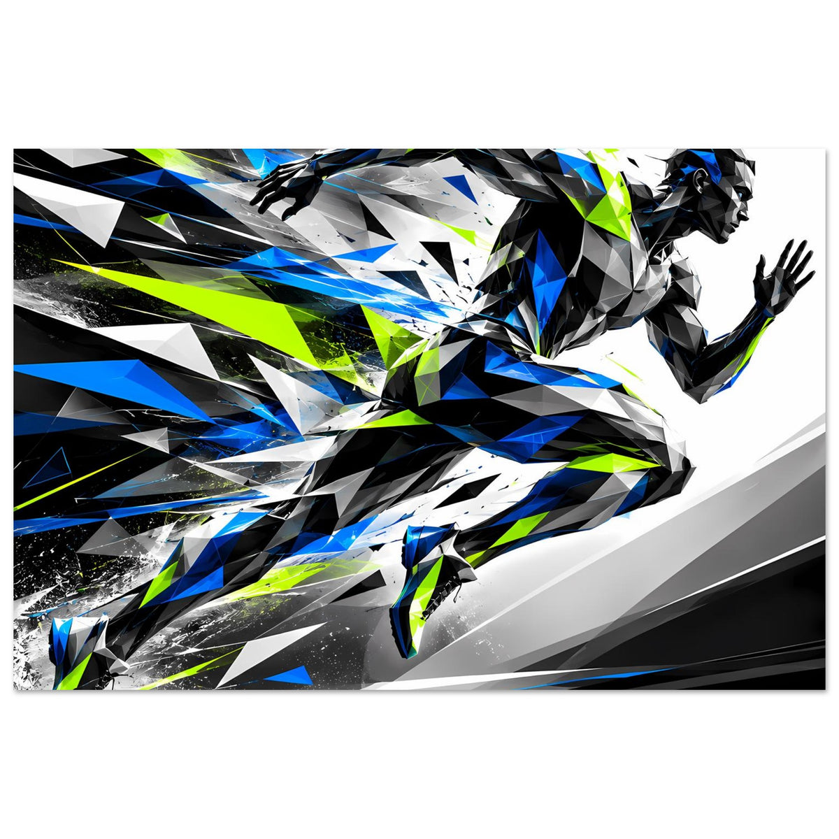 Laufkunst-Poster mit geometrischer Lauffigur und dynamischen Lichtstreifen in Blau