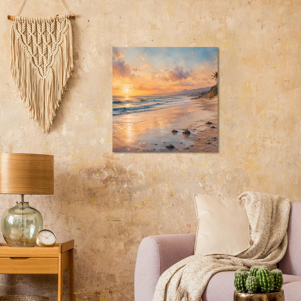 Quadratisches Strandposter mit Sonnenuntergang, Meerwellen und Steinen am Ufer