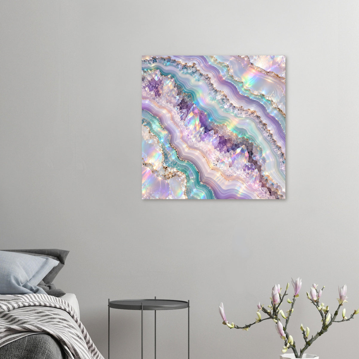 Holografisches Kristall-Geode-Poster, kleines quadratisches Motiv mit violettem und türkisfarbenem Muster