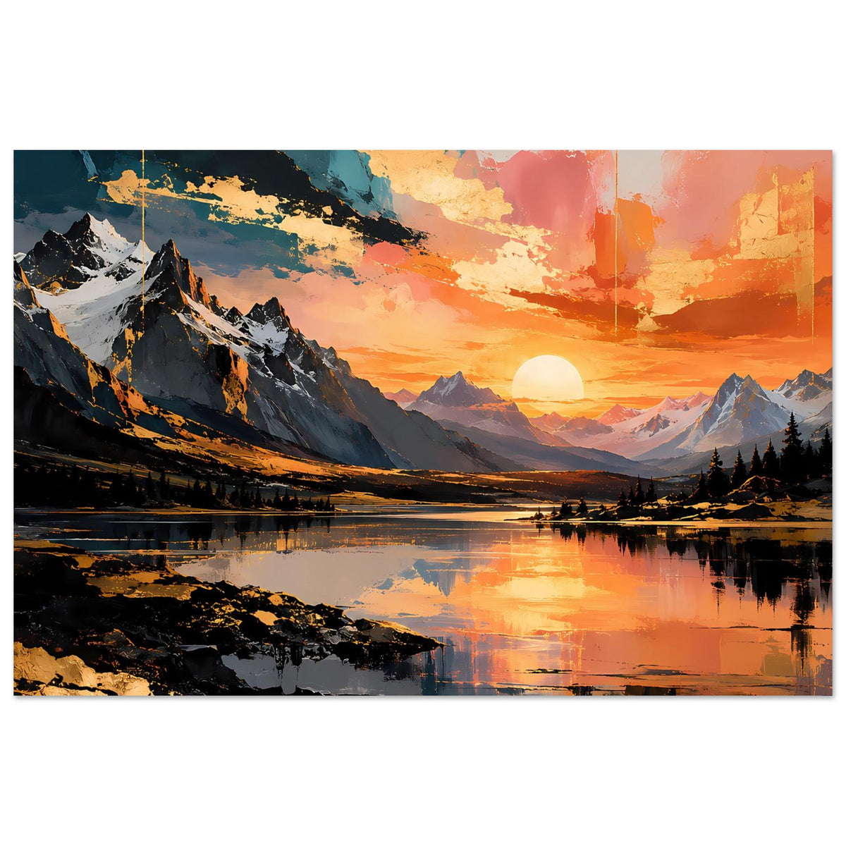Breitformat-Poster: Sonnenuntergang über Berglandschaft mit ruhigem See und Reflexion.