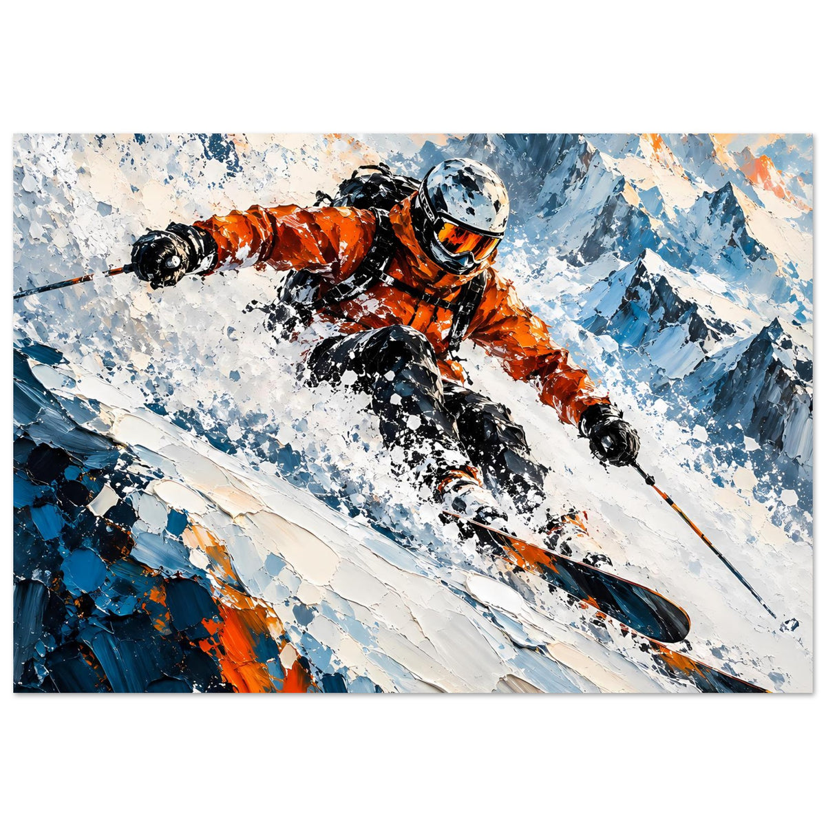 Wintersport-Poster im Querformat: orangefarbener Skifahrer saust bergab, Schnee und Berge.