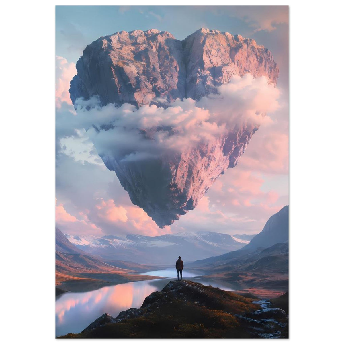 Poster mit schwebendem Felsherz über Bergsee, Person als Silhouette im Vordergrund