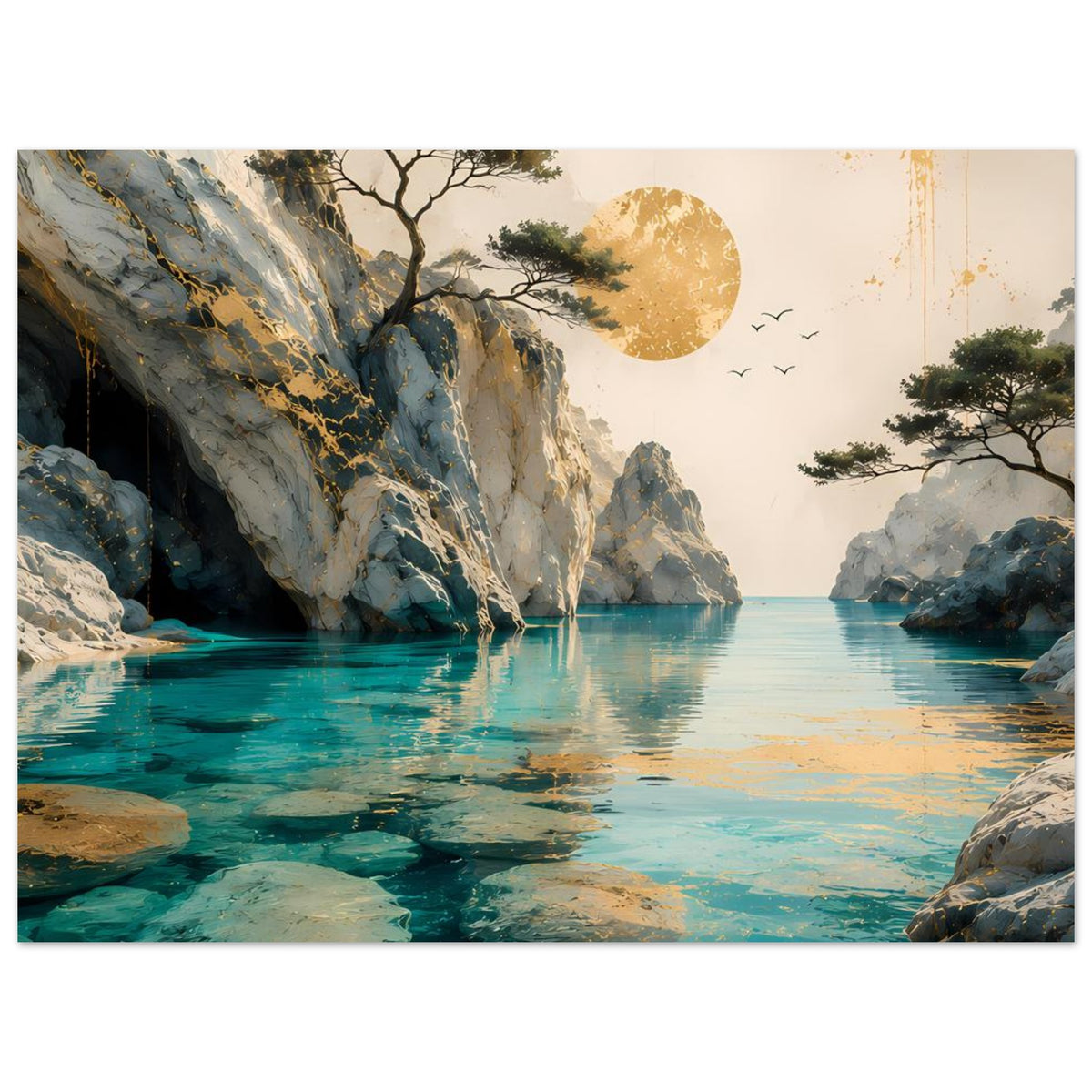 Hochformatiges Poster: Klippen am Ufer, spiegelndes Wasser, Baum, goldener Mond