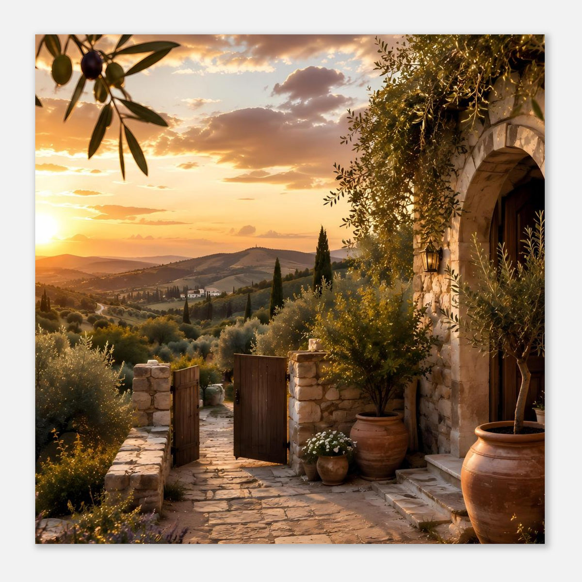 Poster mit toskanischem Weg am Sonnenuntergang, Olivenzweig oben und Steintreppe vorn