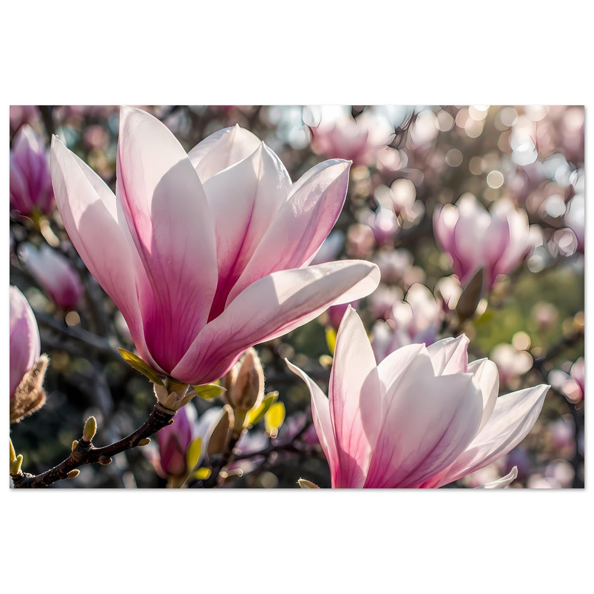 Poster mit rosafarbenen Magnolienblüten, im Fokus mehrere Blütenblätter am Ast