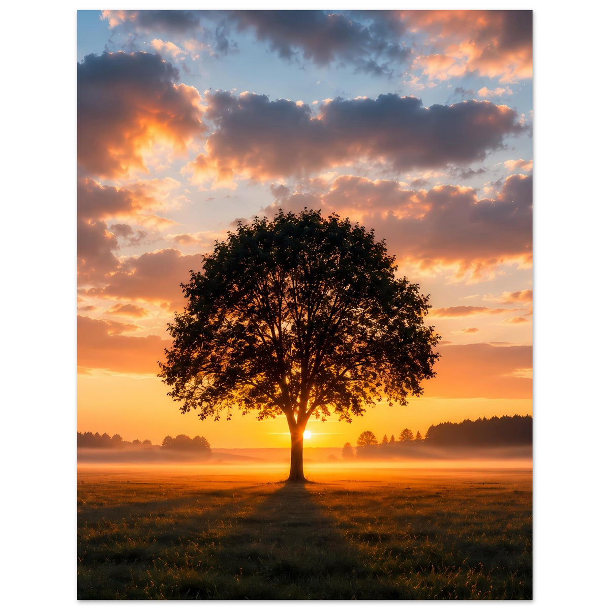 Poster im Hochformat: Baum im warmen Sonnenuntergang zwischen Nebel und Wiese