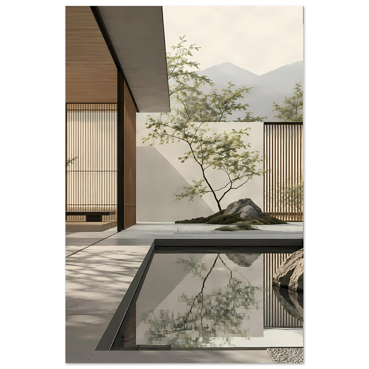 Minimalistische Zen-Wandkunst mit natürlichen und architektonischen Formen