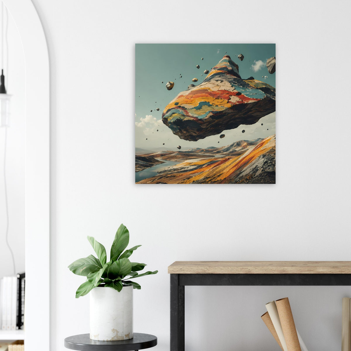 Quadratisches Poster mit schwebendem Berg in bunten Erdtönen und blauem Himmel