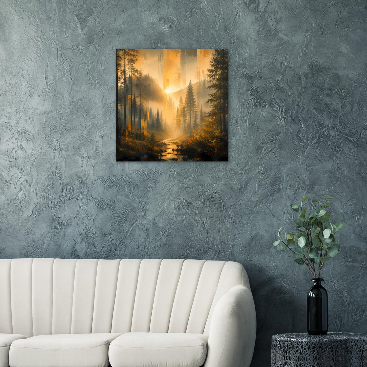 Wandposter mit Waldlandschaft: Sonnenstrahlen über Bach und Tannen