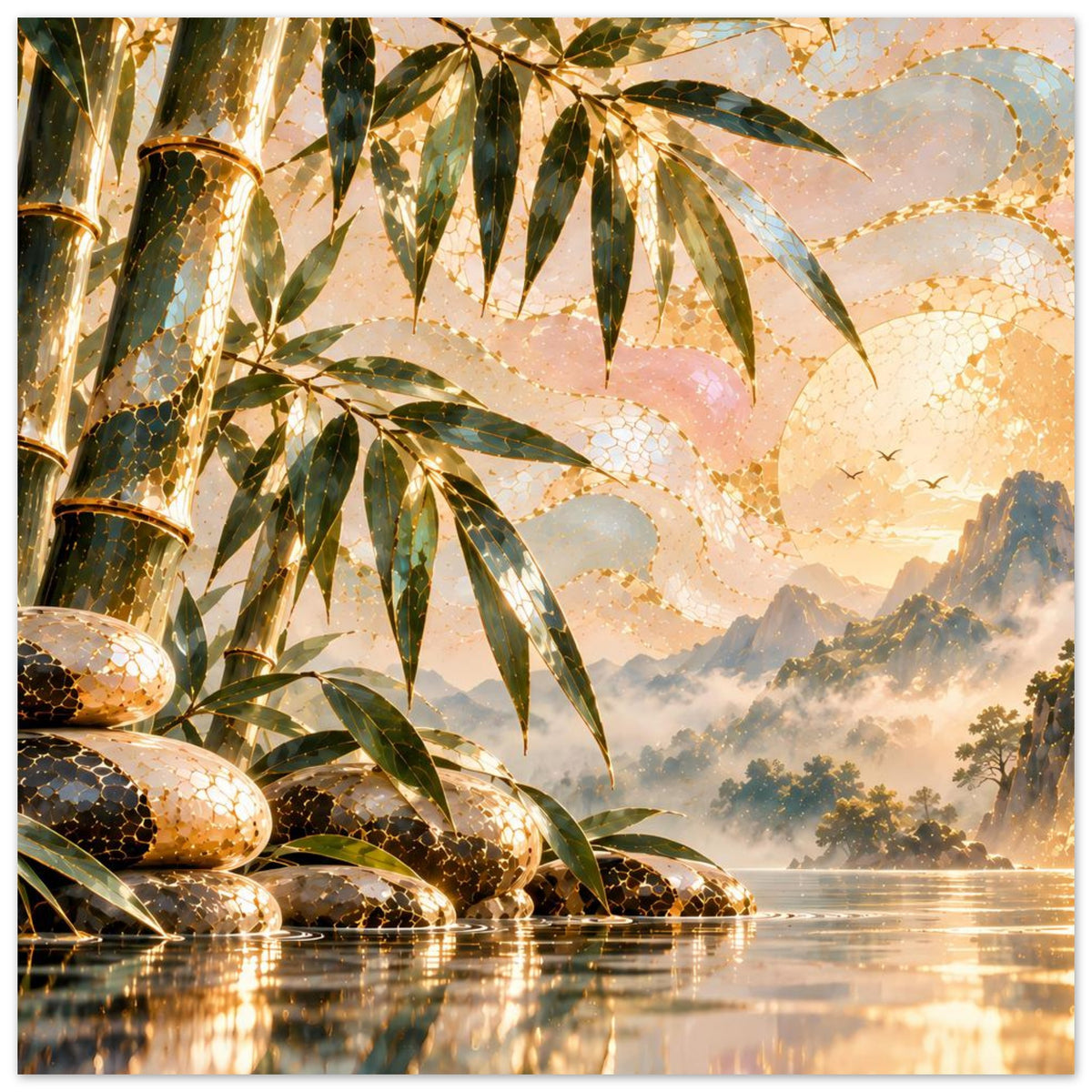 Bambuswald-Zen-Poster mit Wasserlauf, goldenen Steinen und Bergsilhouette im Nebel