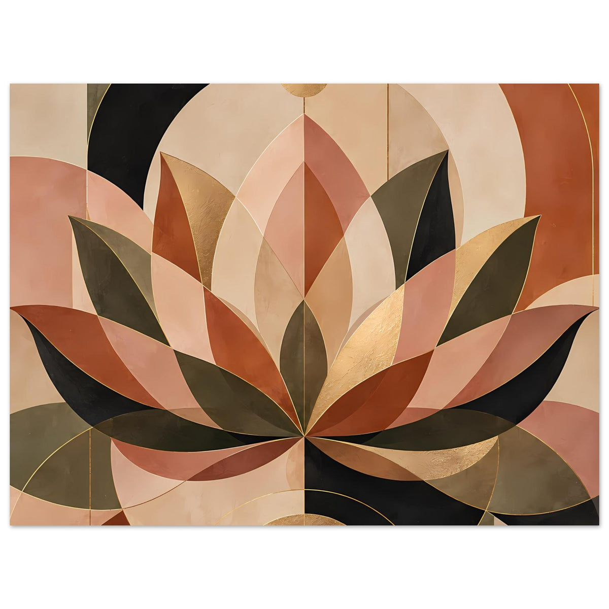 Poster mit geometrischem Lotusmotiv, warmen Erdtönen und Goldakzenten, breite Blätter in Schwarz & Rosa.