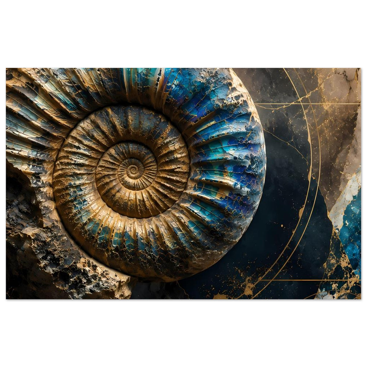 Kunstposter mit Ammonit-Relief: goldene Innenwirbel, petrolblaue Bänder und Linien