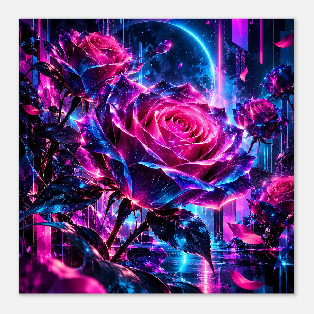 Kunstposter mit zentraler Neonrose, Pinke Blüten, blaue Highlights und Ranke im Vordergrund