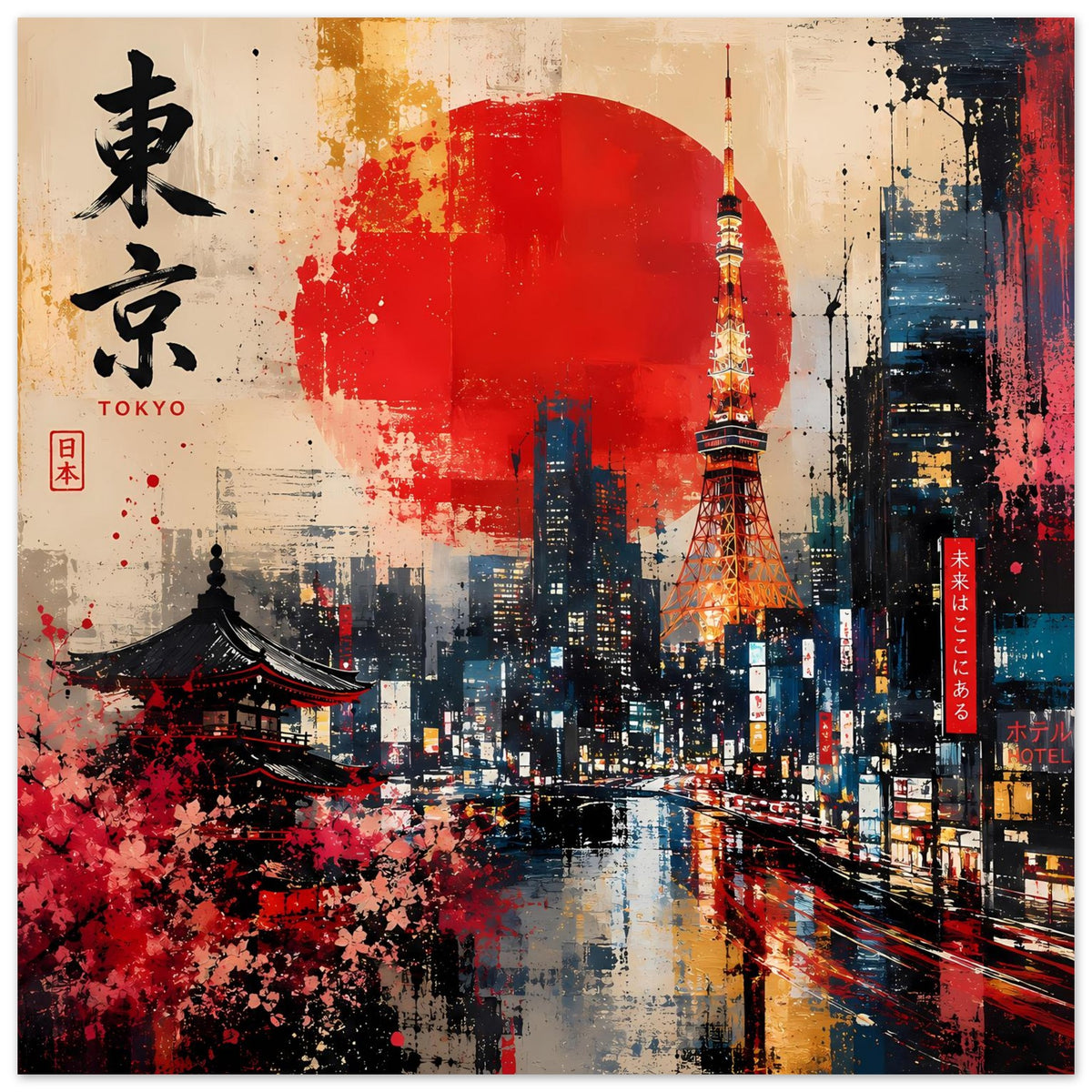 Abstraktes Poster im Querformat: rote Sonne, Tokyo Tower, Skyline und Tempel im Stilgemälde