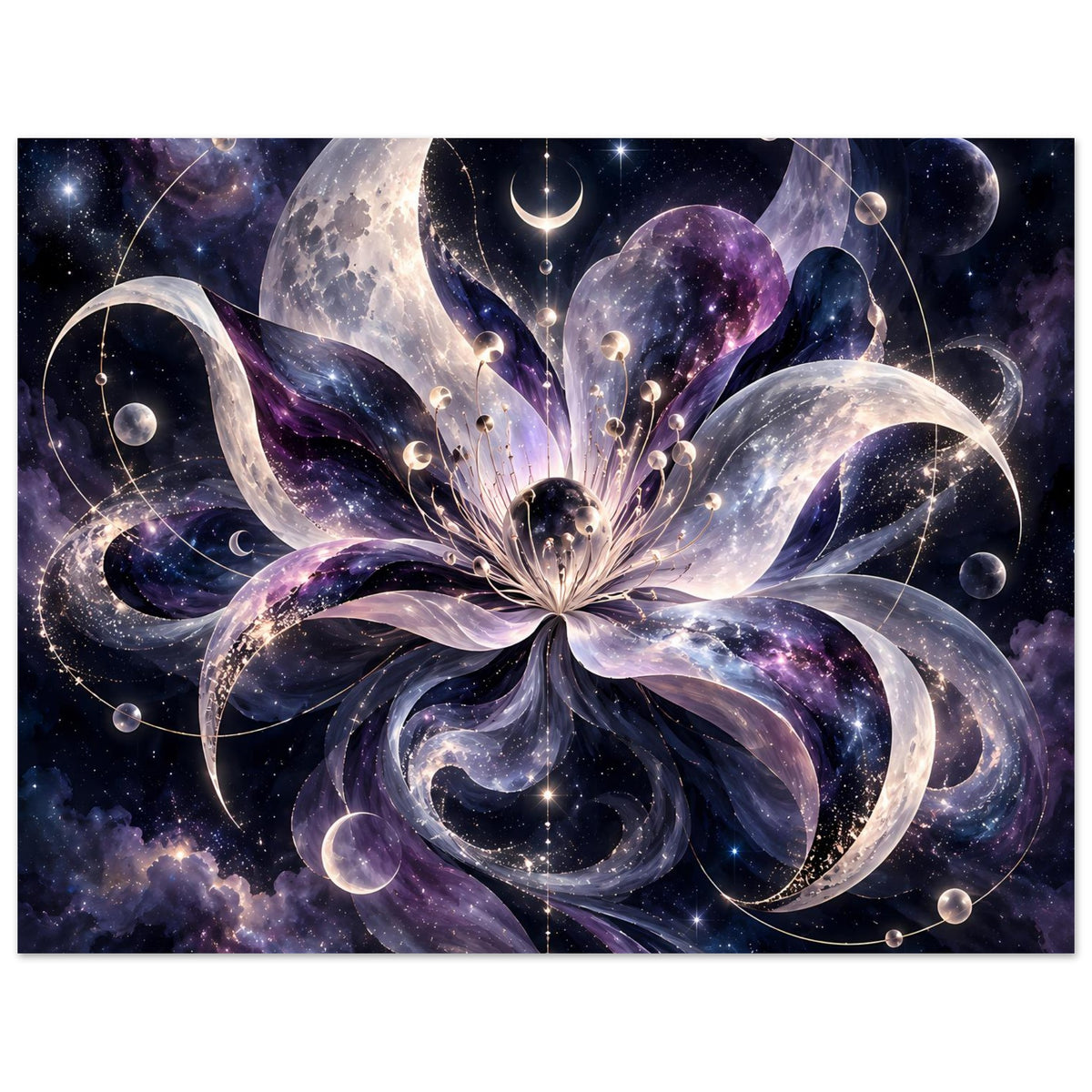 Kosmische Blüte mit Monden, Planeten und Sternen in violett-blauem Weltraum – Motivansicht 40