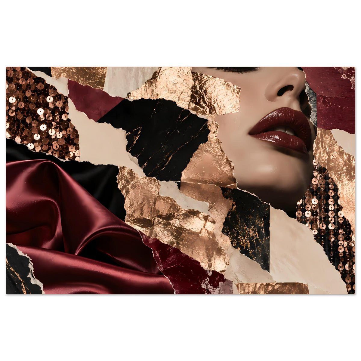 Poster mit Fashion-Collage: Frauenporträt, bordeauxroter Samt und Gold-Akzente