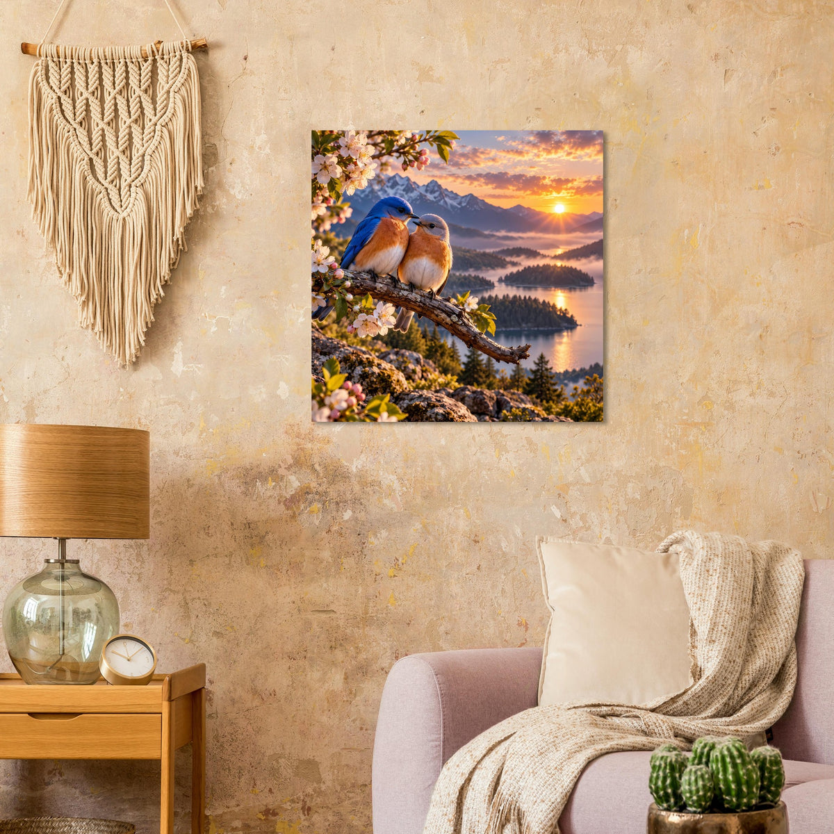 Poster: zwei Vögel auf Ast vor Berg- und Seelandschaft bei Sonnenuntergang.