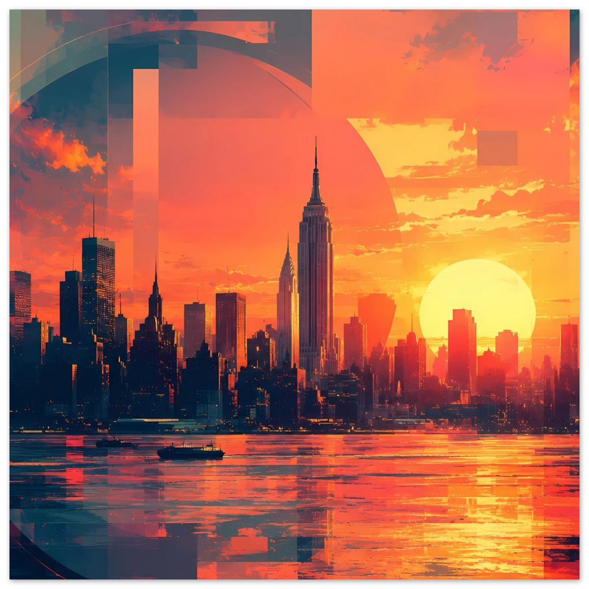Horizontales Skyline-Poster mit Sonnenuntergang, bogenförmige Akzente links, Stadt im Dämmerlicht