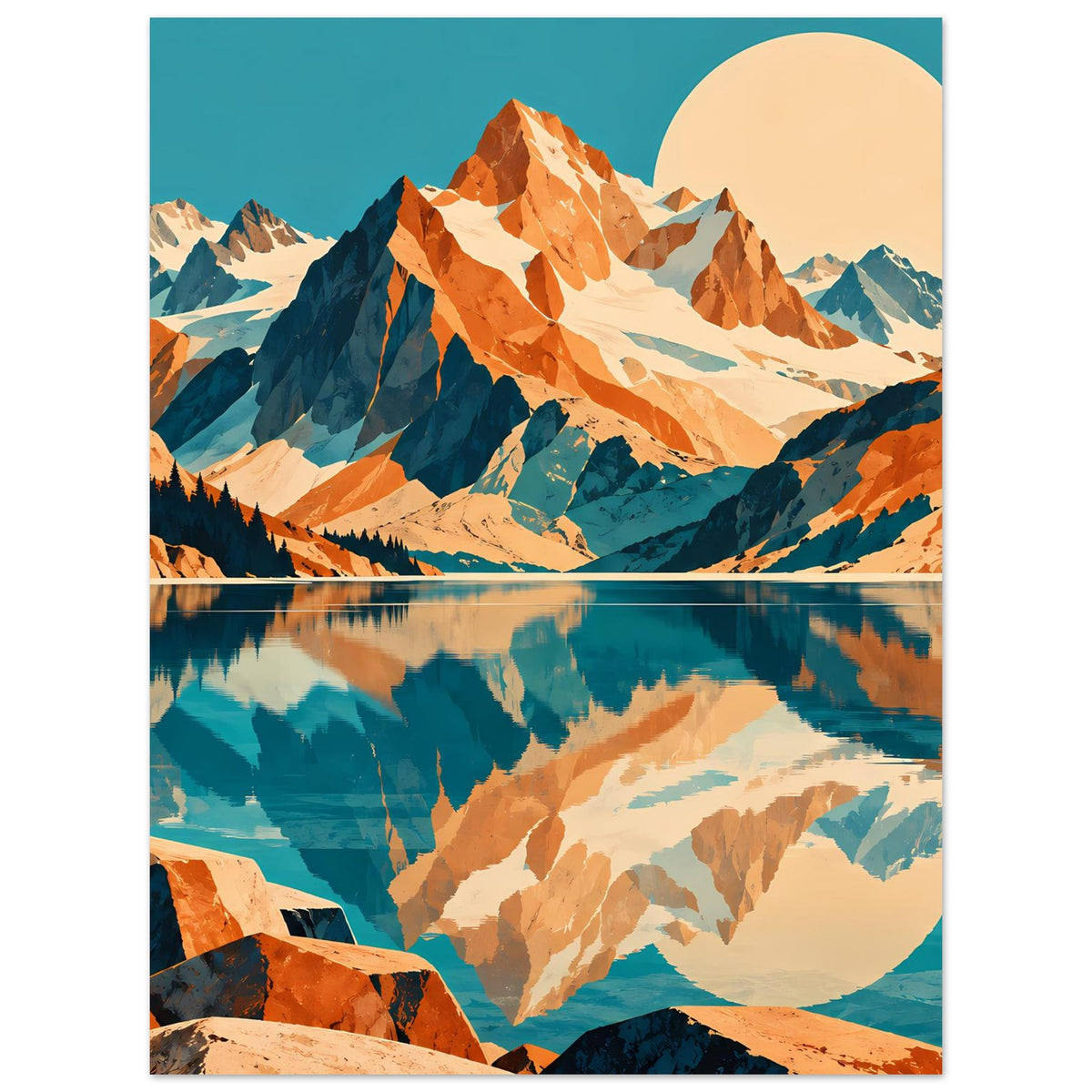 Naturposter mit Gebirge und Spiegelung im See, runde Sonne, kräftige Blau-Orange-Töne