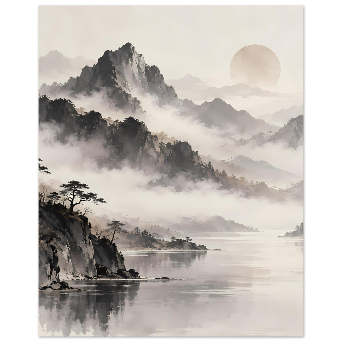 Poster: nebelige Zen-Berge über ruhigem Wasser, links Bäume an Felskante, Sonnenkreis
