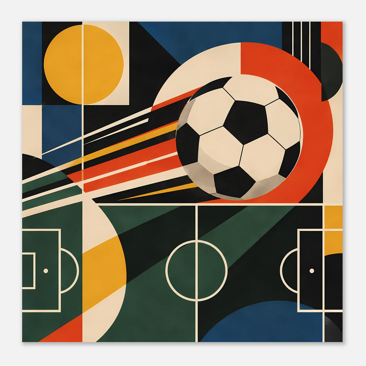 Fußballkunst-Poster im Rahmen mit großem Ball, Spielfeldgrafik und geometrischen Streifen.