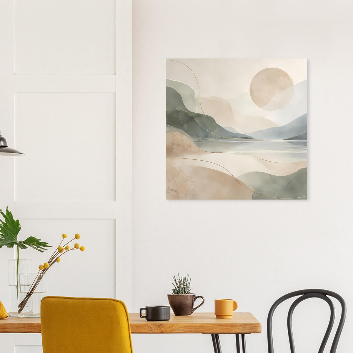 Beiges abstraktes Poster mit Bergen und See, Goldlinien, quadratisch für die Wand