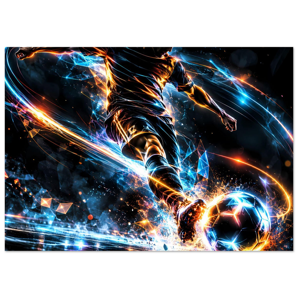 Gerahmtes Neon-Fußball-Actionposter, horizontal: Stürmerlauf und leuchtender Ball im Vordergrund