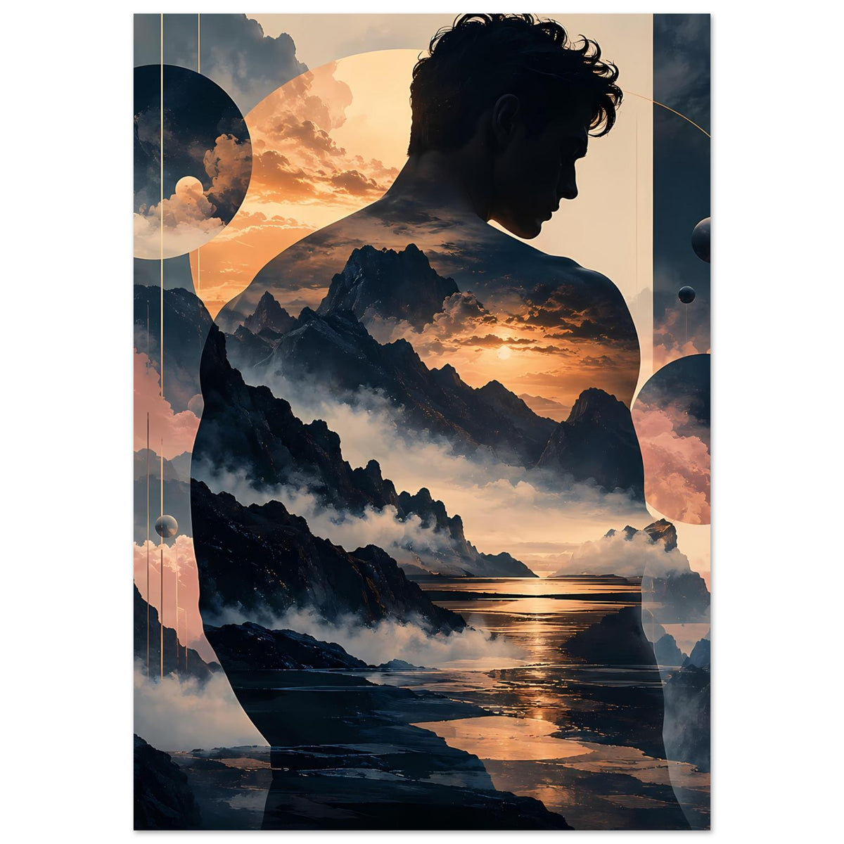 Surreales Poster mit Berglandschaft, warmer Abendsonne, Profil-Silhouette und schwebenden Kugeln