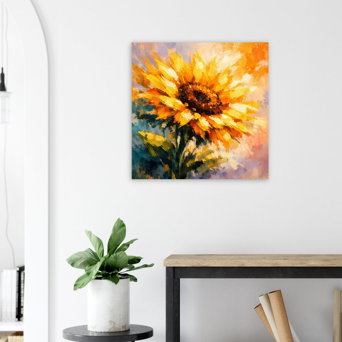 Quadratisches Sonnenblumen-Poster mit gelben Blüten und dunklem Zentrum im abstrakten Stil.
