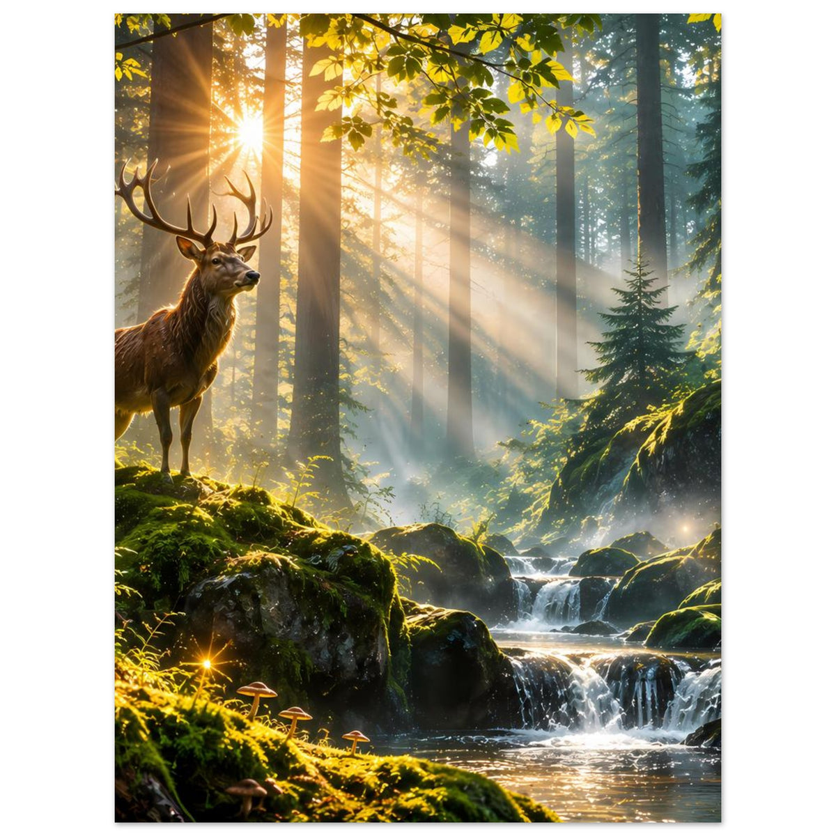 Poster: Hirsch auf moosigem Fels im Wald, Sonnenlicht, Wasserfall im Hintergrund
