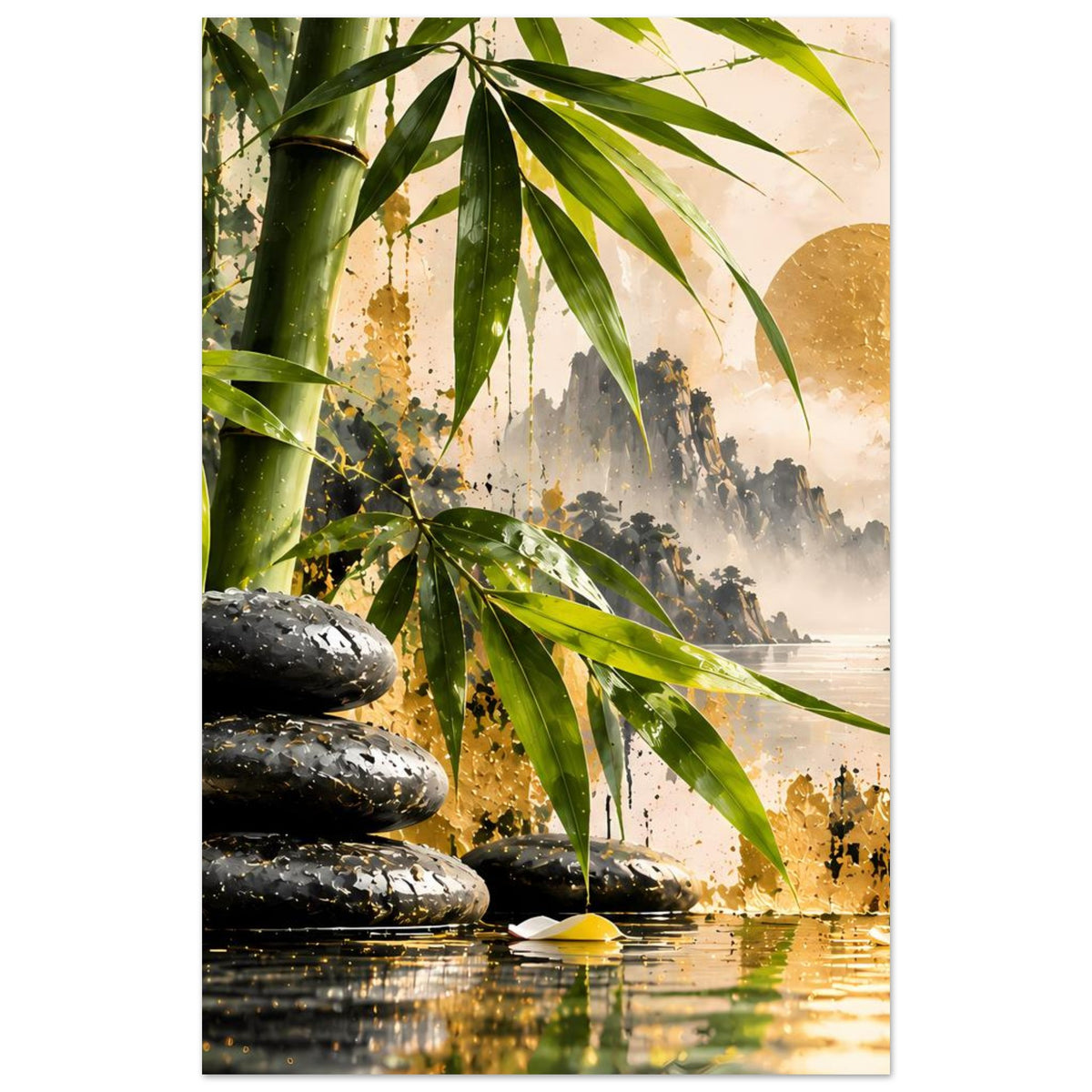 Zen-Bambus-Harmonie-Poster: Fokus auf Bambus links, schwarze Steine, goldene Sonne, See