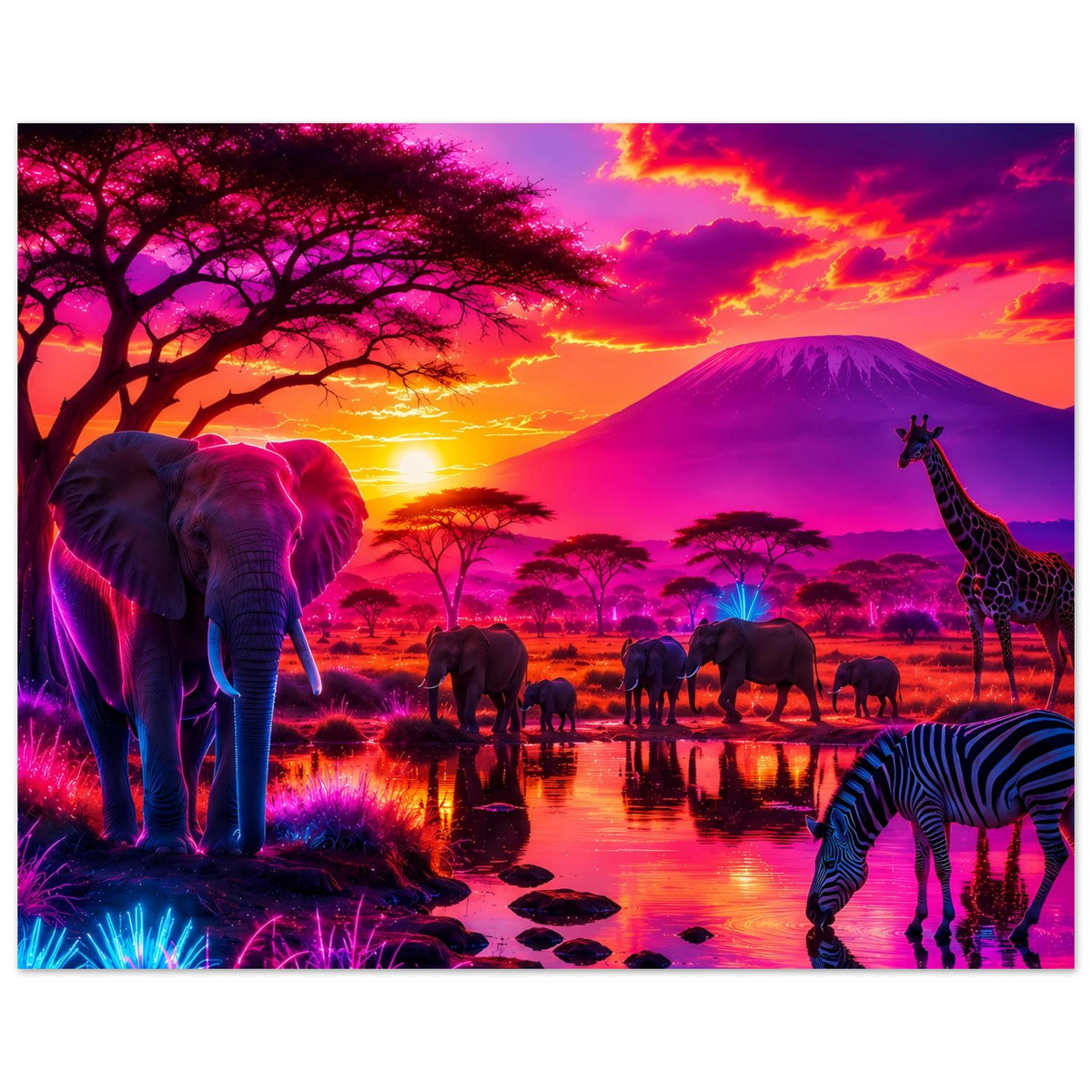 Neon-Safari-Poster im Querformat mit Elefant vorn, Giraffe rechts, Zebra vorn unten