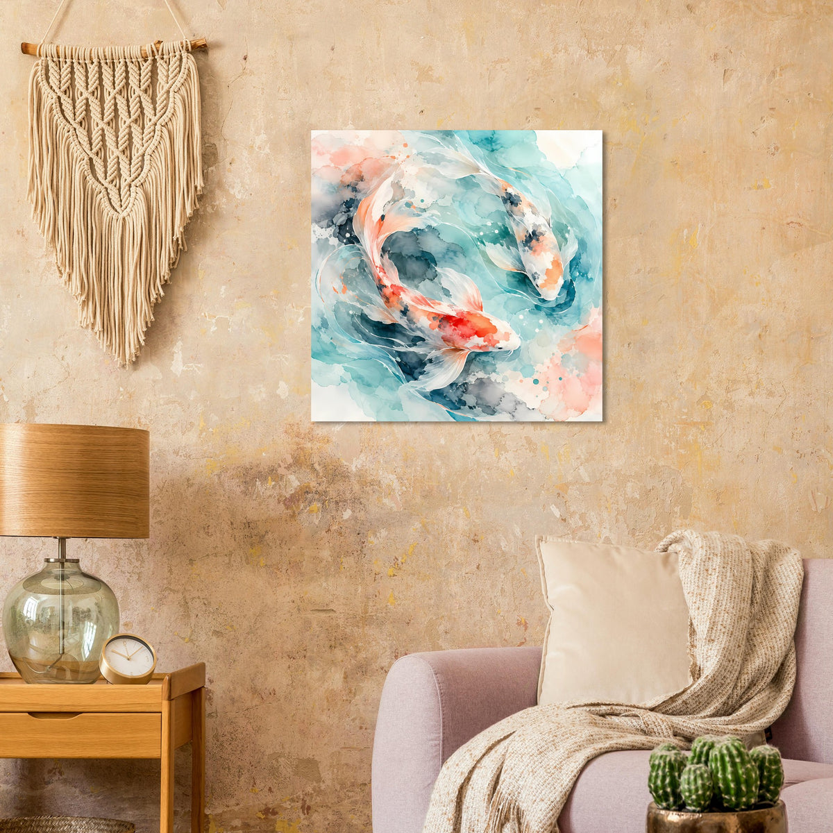 Quadratisches Koi-Fische Poster in Aquarellfarben, türkis, blau und korallene Akzente