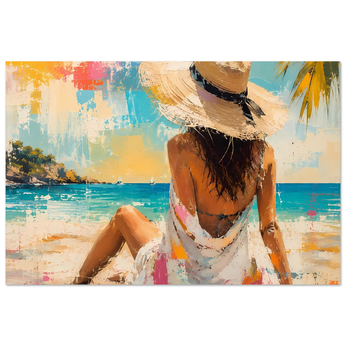 Sommerposter im Querformat mit Frau im Strohhut, Rückenansicht, am Strand sitzend