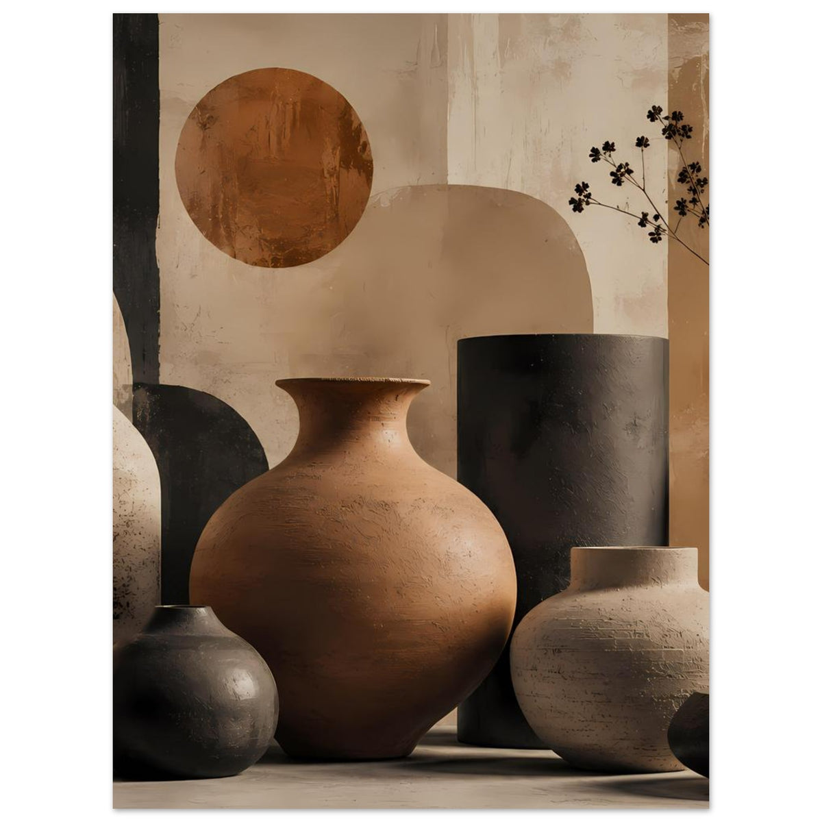 Gerahmter Posterdruck mit Keramikvasen in Terrakotta, Beige und dunklem Grau.