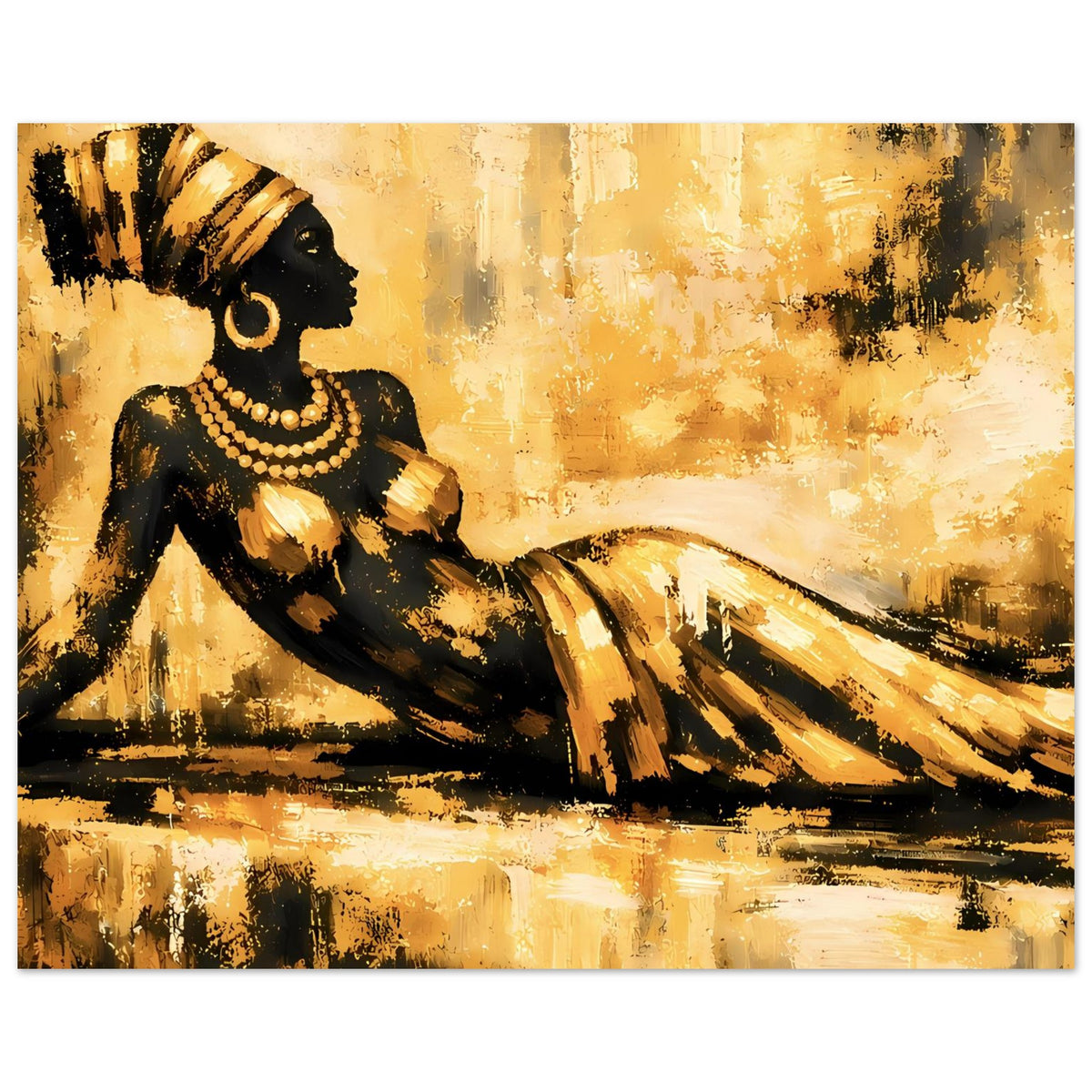 Querformat-Poster: sitzende Frau in Schwarz und Gold, Perlenkette, gemalte Pinselstriche